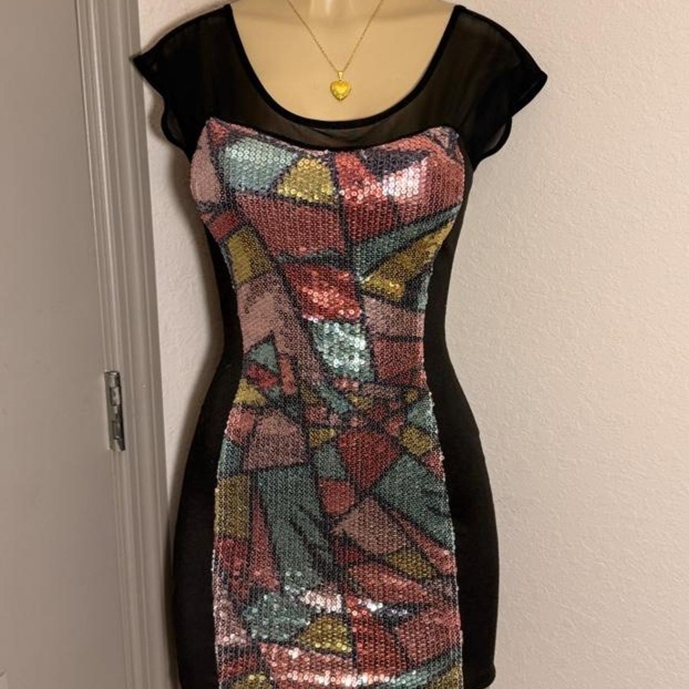 L8ter Y2K Sequin Mini Dress with multicolored sequin patchwork